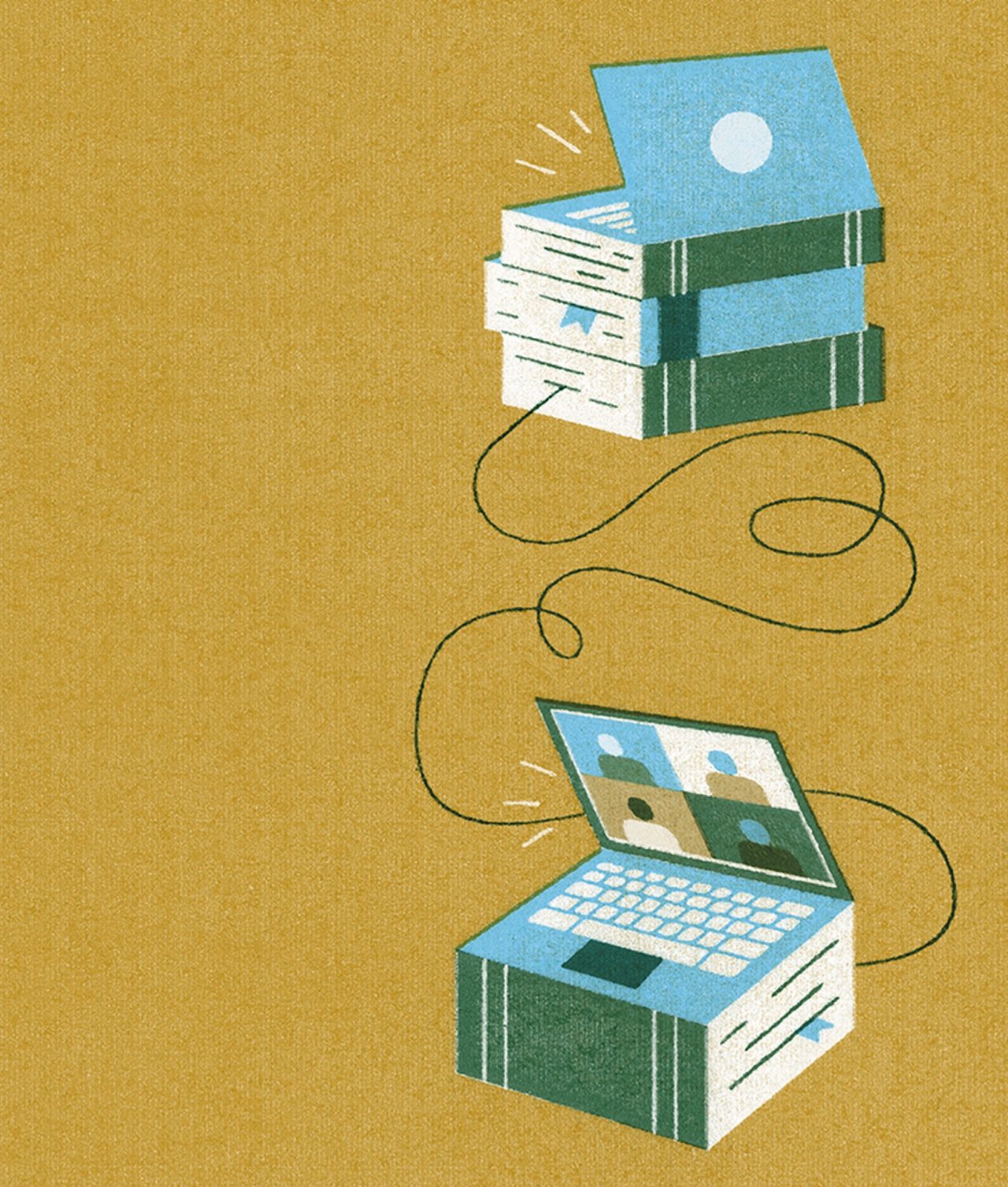 illustration of a stack of books connected to a laptop