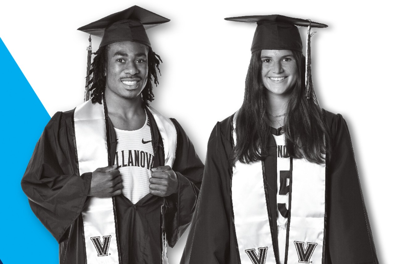 male and female student athletes wearing cap and gown over their Villanova sports uniforms