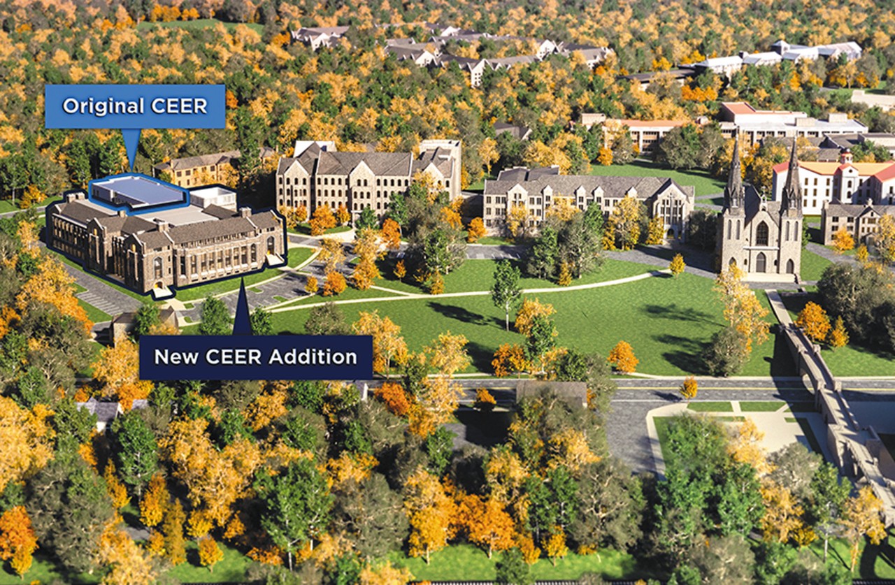 Campus landscape showing CEER addition in relation to original building