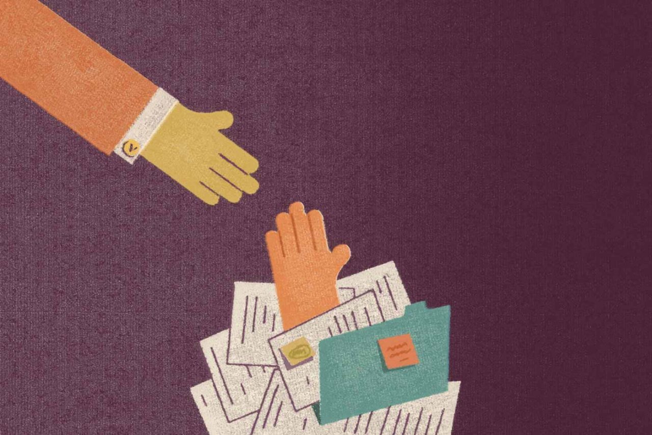 Illustration of a hand reaching out to another hand that is surrounded by paperwork