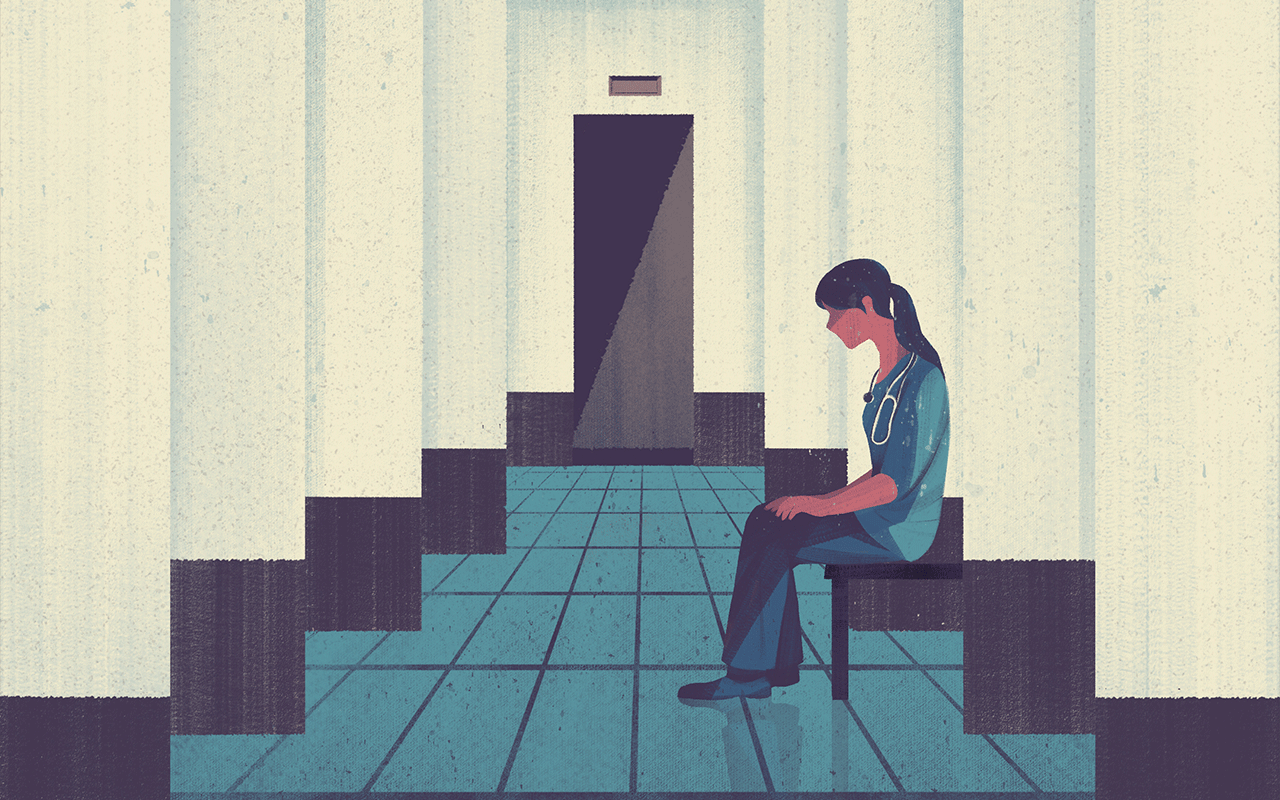 Illustration of a female nurse sitting alone outside of the ICU