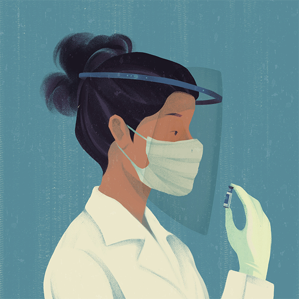 Illustration of a nurse wearing a face shield who is examining a tube in her hand