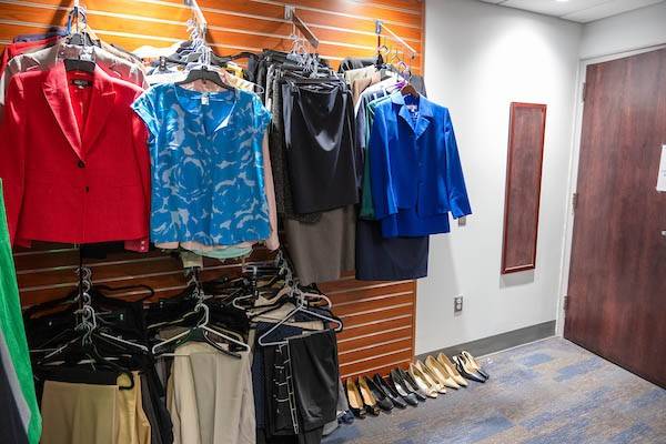 Professional clothing and shoes displayed in Villanova's Wildcat Wardrobe, a donation-based 