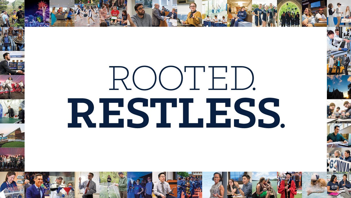 The words "Rooted. Restless." surrounded by a colorful mosaic of photographs representing the campus community.