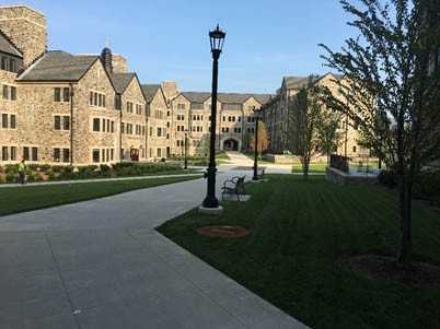 The main courtyard that has three rain gardens and also houses the underground detention basin and the largest of the two cisterns.