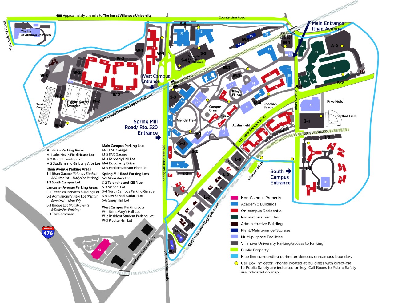 Map of campus with roads, buildings and other markers