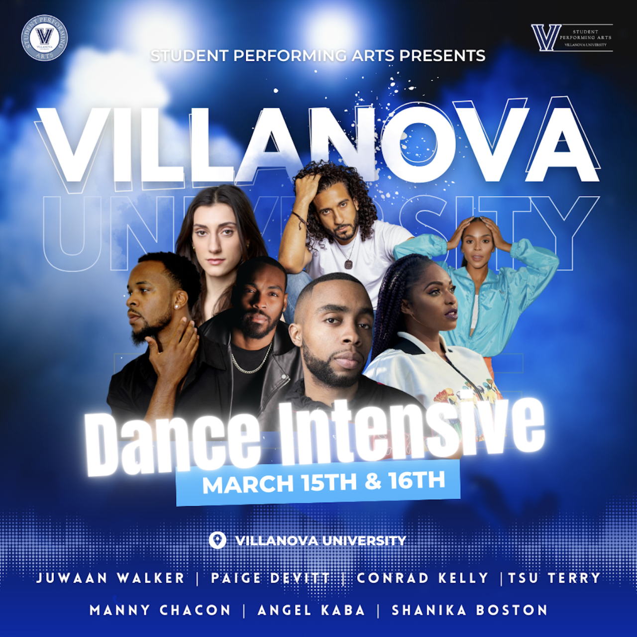 images of 7 dance instructors for Villanova dance intensive on 3/15 & 3/16