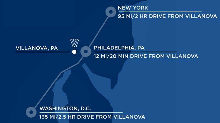 Map outline of Villanova in reference to nearby cities
