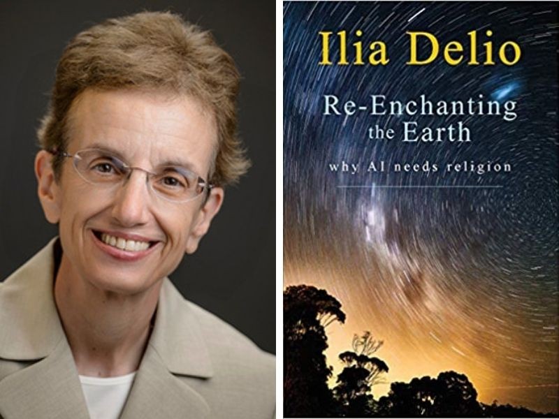 lia Delio, OSF, PhD, left, and the cover of her book, "Re-Enchanting the Earth: Why AI needs Religion."