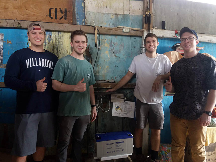 Students on the Cerritos team—Doug Hauser ’19 EE, John Rechichi ’19 CpE, Daniel Fetsko ’19 CE and John Timon ’19 EE—helped install solar electric systems and teach community members how to maintain them.