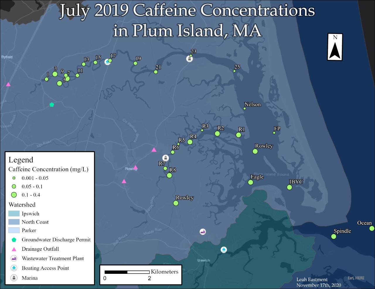 GIS caffeine concentration map of Plum Island Sound, Massachusetts