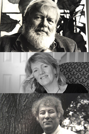 three black and white photos stacked on top of one another. they are each from the shoulders up. the top photo is of Michael Longley, an older white man with white hair and a beard. the middle photo is of Moya Cannon, a middle-aged white blond woman with her head resting on her hand. the bottom photo is of Seamus Heaney- a frizzy haired middle aged white man in a tie standing in front of a tree with a cigarette in his hand.