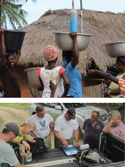 Two photos stacked. Top photo shows woman in blue shirt holding a bucket where a spout pours water. Bottom photo depitcs 6 people looking at a data set in the back of a truck. The man in the center wears a Villanova t-shirt.
