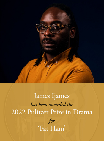 Headshot of James Ijames above a title card that reads "James Ijames 2022 Pulitzer Prize in Drama for 'Fat Ham.'" James has a serious look on his face. He wears a yellow button-down shirt and tortoise-shell eyeglasses. He is against a black background. He is turned towards the camera. 