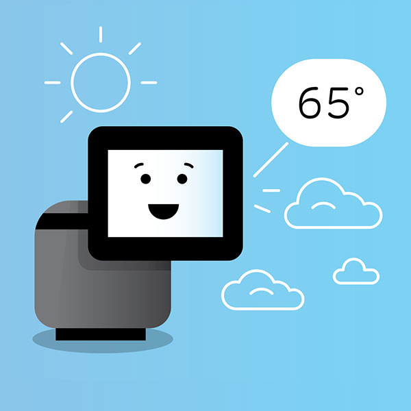 an illustrated Alexa reports that it is 65 degrees