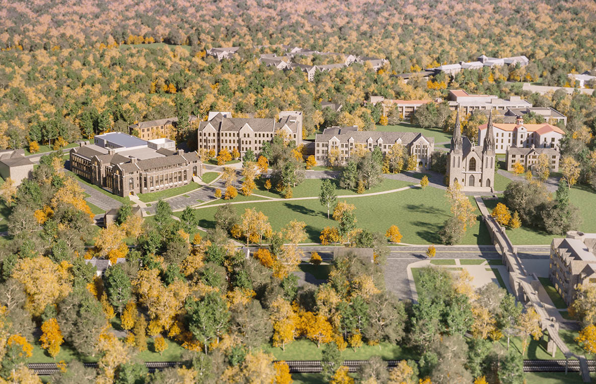 an aerial view of part of Villanova's campus  surrounded by trees in the fall