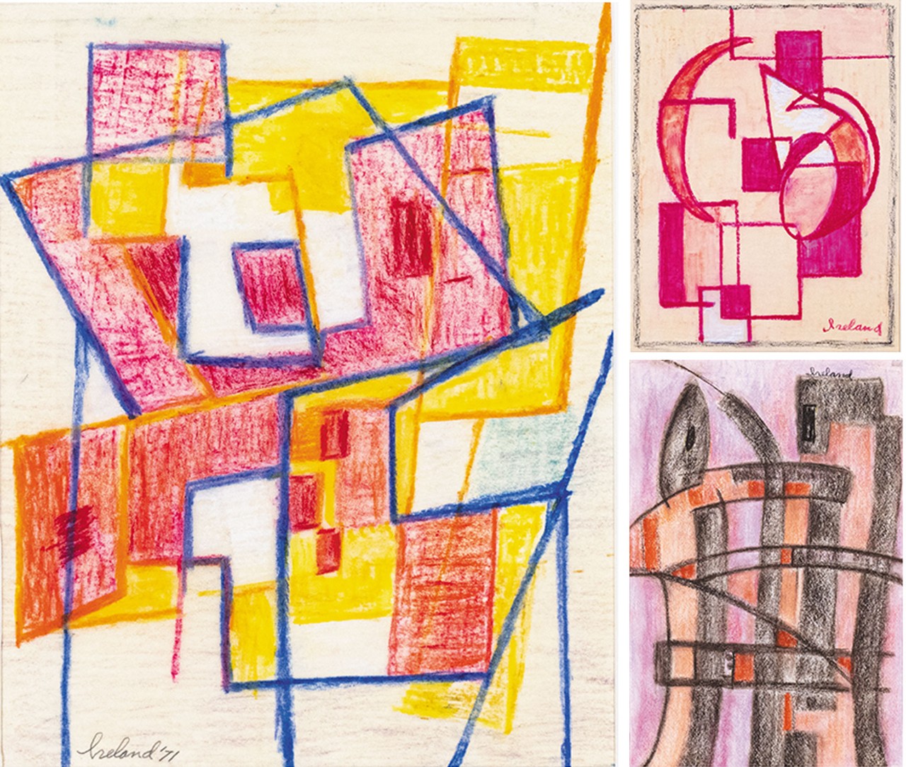 three colorful abstract sketches by Lucille Ireland